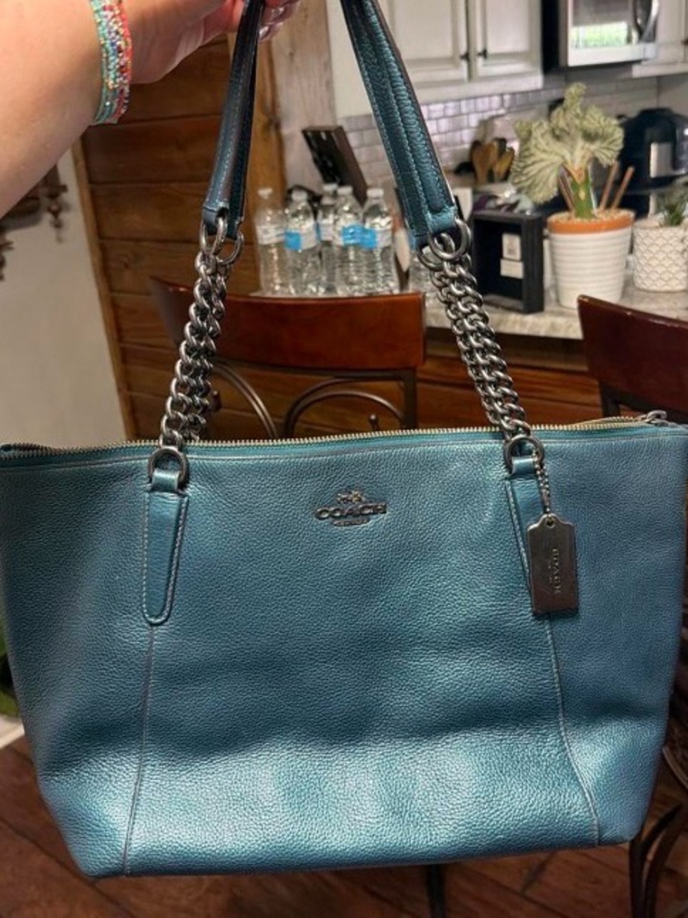 Coach Teal Leather Chain-Handle Shoulder Tote